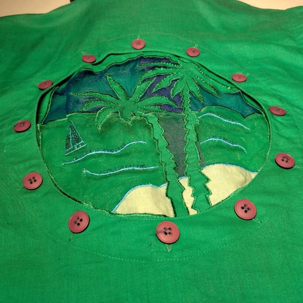 Bonnie Boerer Unlimited Blouse S Green Button Nautical Porthole Palm Tree Cruise - Picture 14 of 16